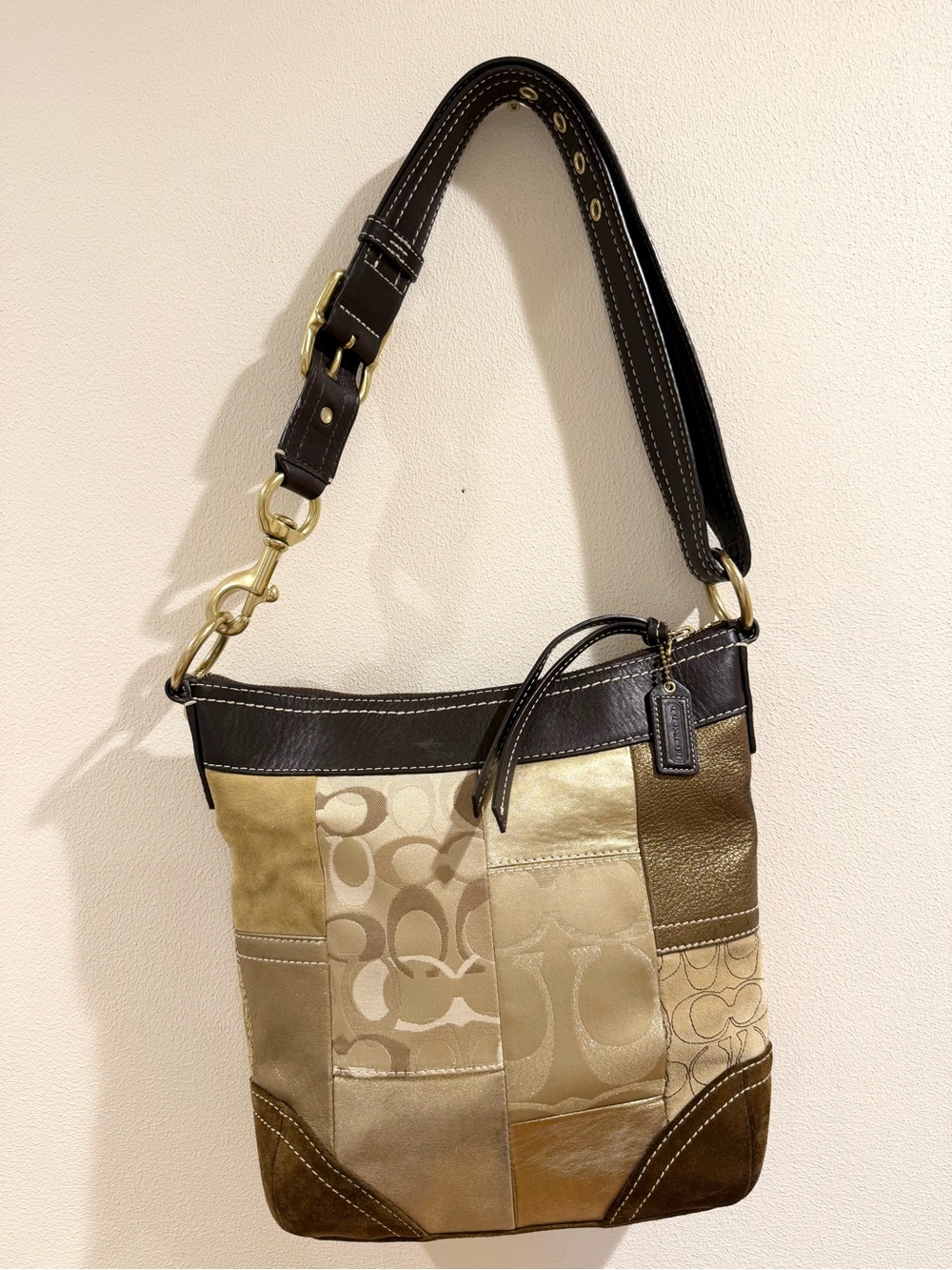 Vintage Coach Patchwork Signature C Hobo Crossbody Bag Brown Gold F10387 Suede